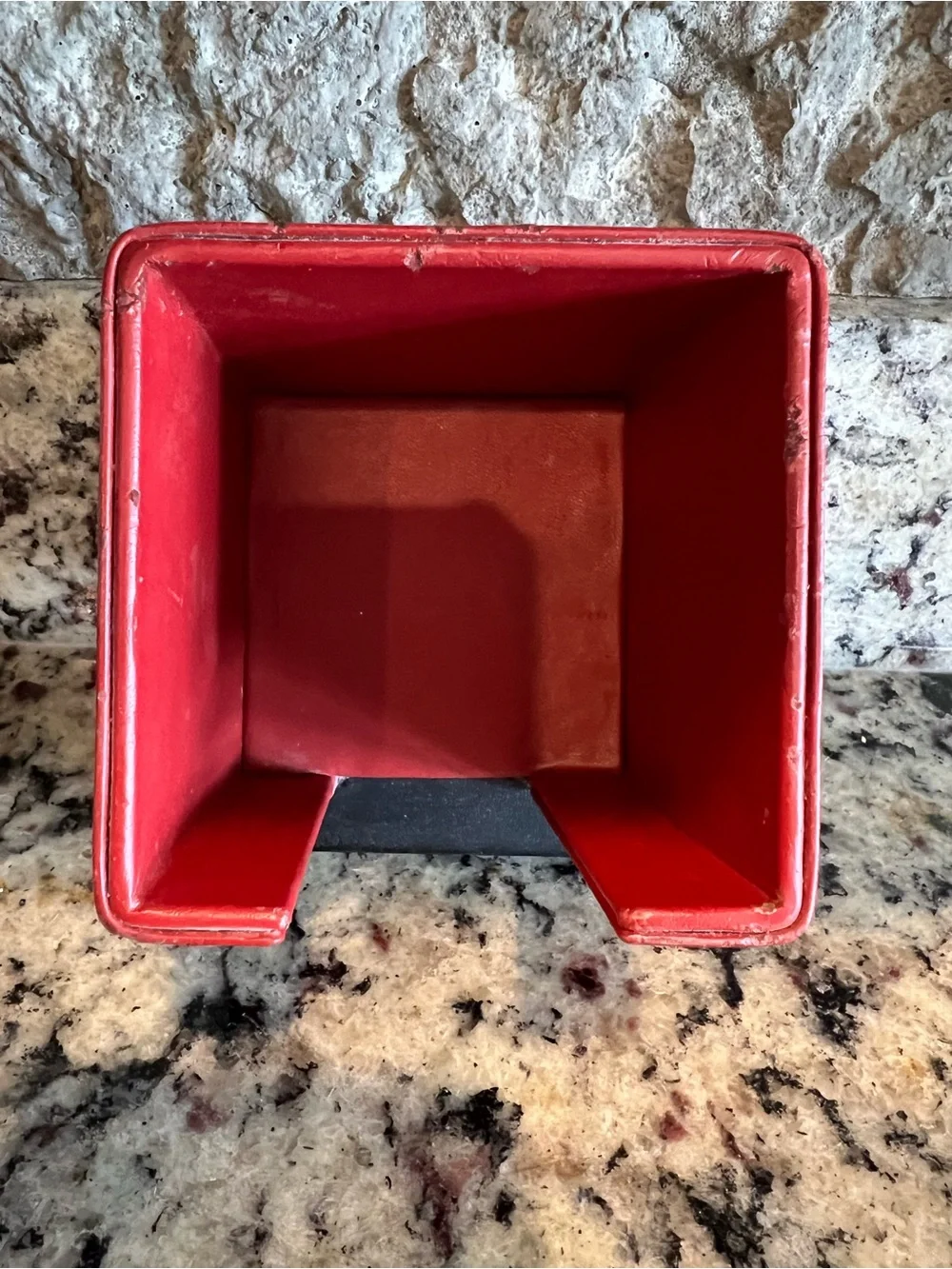 MacKenzie-Childs Vintage Red Leather & Enamel Notepad cube holder. With notepad.